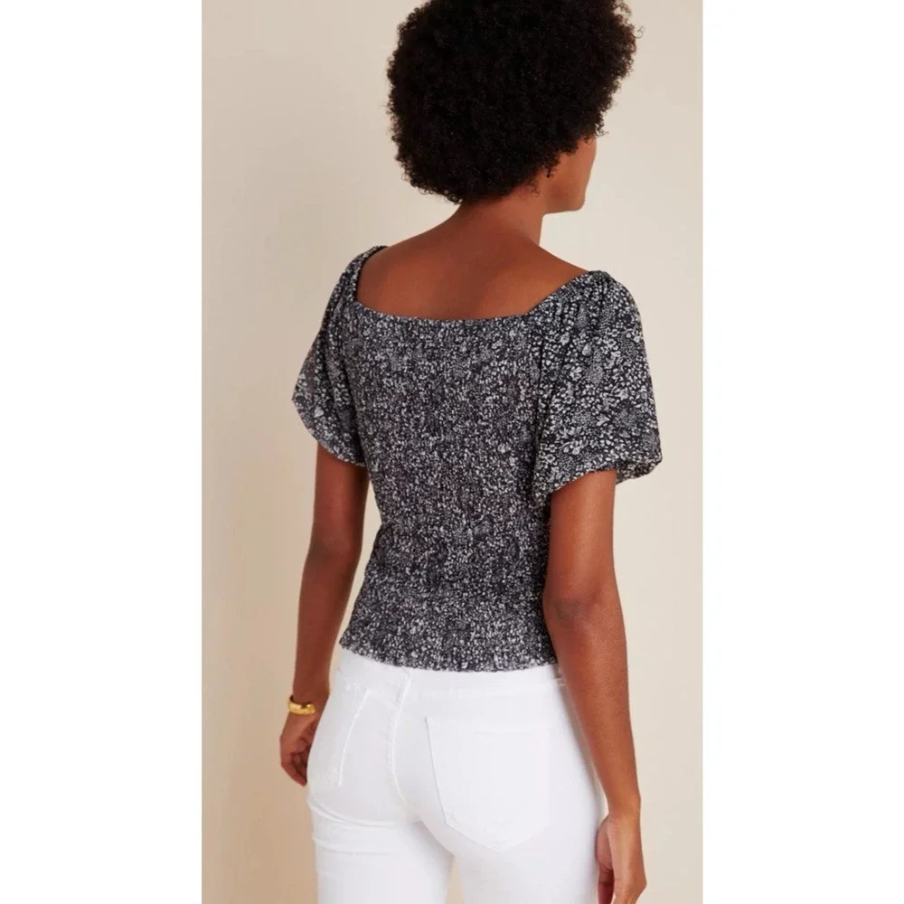Anthropologie Aurelia Smocked Top Black &‎ White Floral S Puff Sleeve
